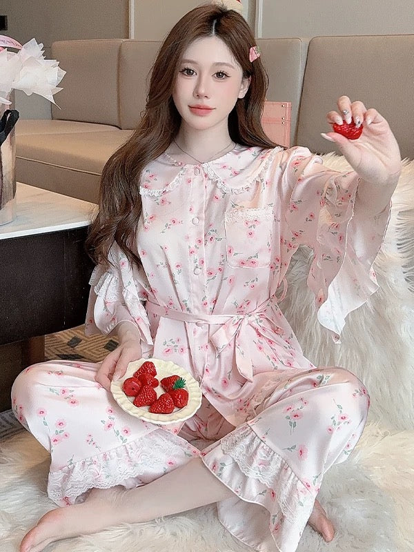 بيجامة روز ستان حرير بطبعة ورد-Satin Floral Pajama