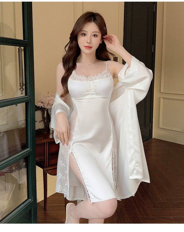 Royal Grace - Long White Satin Night Set with Puff Sleeves