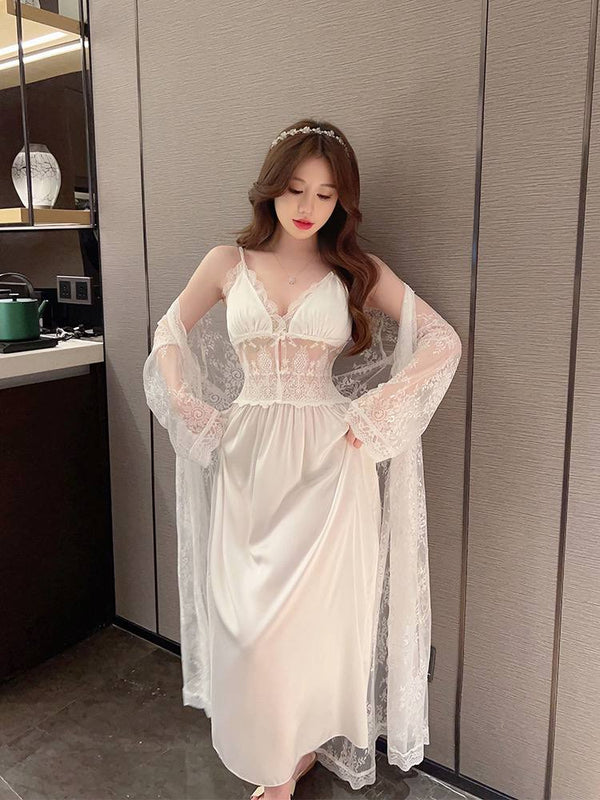 Moonlight Whisper - Long White Satin & Lace Set