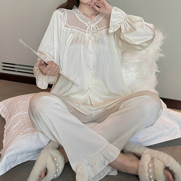 Elegant White Satin Pajama Set with Lace Detailing