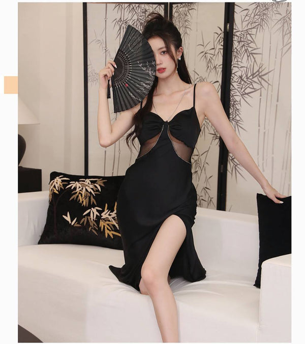 Elegant Black Satin Slip Dress with Sheer Mesh Inserts and High Slit